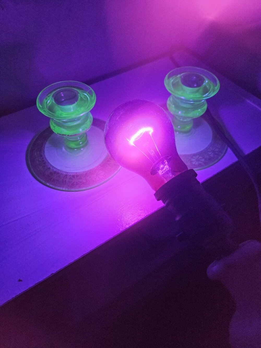 Vintage Uranium Glass Candlesticks Green w/Art Nouveau gilt flower motif